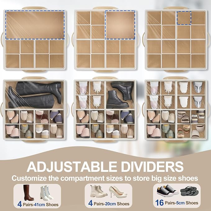 2 Pack Large Shoe Organizer for Closet, 32 Pairs Shoe Storage Box Beige | 360° Wheels & Reinforced Handles, Adjustable Dividers, Clear Cover, Side Pocket, Foldable Oxford Fabric Bin for Entryway