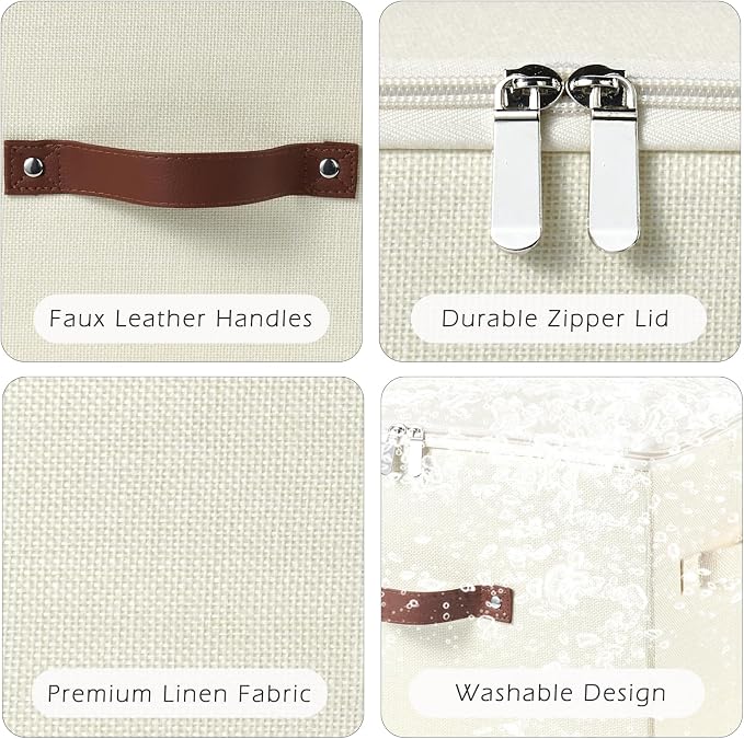2 Pack Storage Bins with Zipper Lid Cotton Linen Fabric Lidded Storage Baskets Boxes Foldable Washable Closet Shelf Clothes Organizer Container with PU Leather Handles (Beige, Large Size)