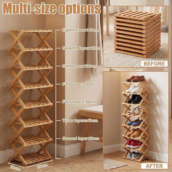 Shoe Racks, Foldable Shoes Organizer FreeStanding Shelf,5 Layers | Natural, Functional, Multifunctional, Suitable For Entryway, Closet, Bedroom, Hallway