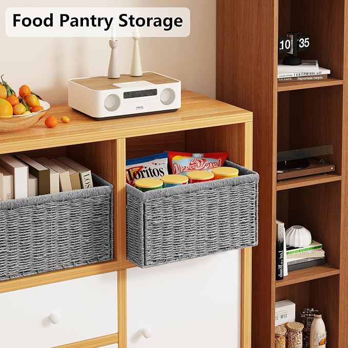 Vagusicc 2 Packs Large Wicker Storage Basket, Closet Storage Baskets Bins for Shelves, Decorative Collapsible Baskets for Organizing Clothes Toy Nursery Bathroom Organizers and Storage, Grey