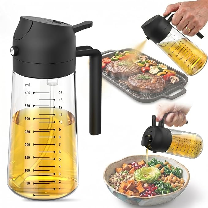COOKENZA- 16oz/470ml Glass Olive Oil Sprayer for Cooking - 2 in 1 Oil Dispenser & Mister for Air Fryer, Salad & BBQ - Refillable, Food Grade - Black