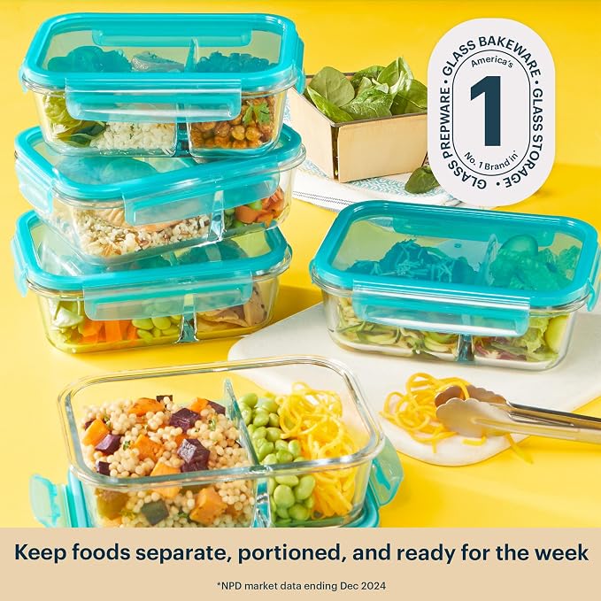 Pyrex Glass Meal Box (5-Pack, 4 Cup) Divided Compartments, Locking Lids | For meal prepping and portioning, BPA-Free, microwave & dishwasher safe