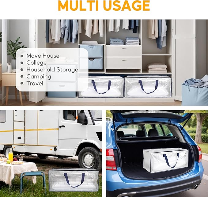 HealSmart 12 Pack Extra Large Moving Bags with Zippers & Carrying Handles, Heavy-Duty Storage Tote Moving Boxes for Dorm Room Essentials Storage Bags, Clear