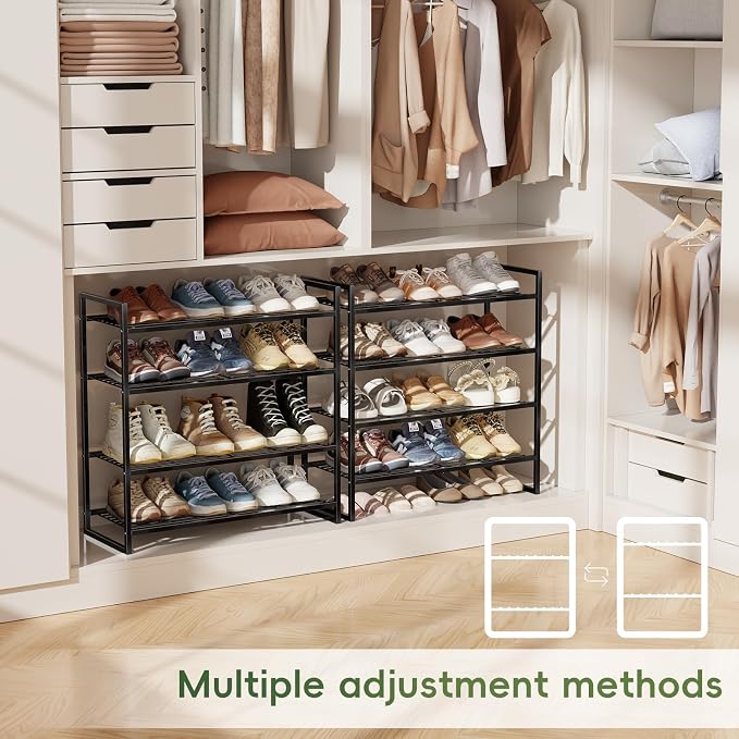 4 Tier Shoe Rack for Closet, 27 Inch Long Square Shoe Storage Organizer for Shelves, Heavy Duty Metal, Easy Assembly Stackable, Black