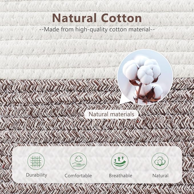 ECDYQXVU 15x10x9 Woven Cotton Rope Storage Basket, Leather Handles 1 Pack | Foldable Design, Sturdy PU Handles, Easy to Clean Organizer for Living Room, Closet, Shelves, Bedroom, Laundry, Clothes