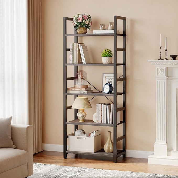DUMOS 5-Tier Bookshelf, Modern Tall Bookcase Book Shelf | Open Storage Display Shelf for Living Room, Bedroom, Home Office, Narrow Standing Shelving Unit for Books, CDs Wood Grey