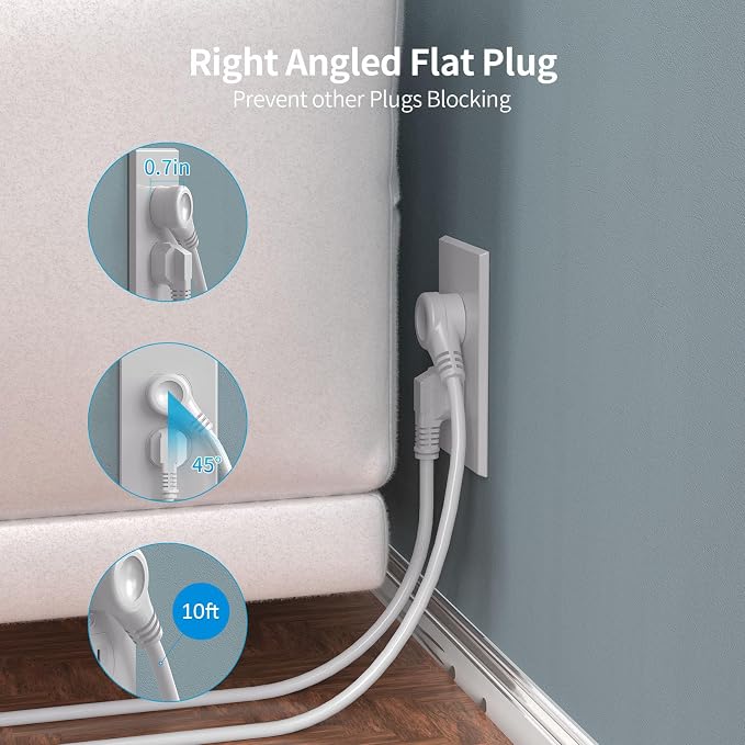 Surge Protector Power Strip Tower with 5 USB Ports and Night Light, 10FT Extension Cord with 12 AC Multiple Outlets, PASSUS Power Tower, Overload Protection for Home Office Dorm Room (2PC-White)