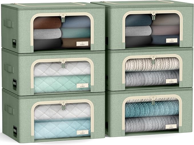 Sorbus Storage Bins with Metal Frame - Stackable & Foldable Clothes Organizer Bags - Oxford Fabric Storage Containers with Large Clear Window & Carry Handles, Bedroom Organization for Bedding & Linen