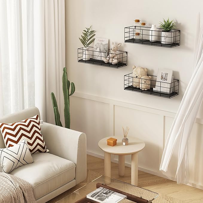 Fixwal 4 Set Floating Shelves - Hanging Wall Mounted Shelves for Living Room, Kitchen, Bedroom & Bathroom - Decorative Storage (Black)