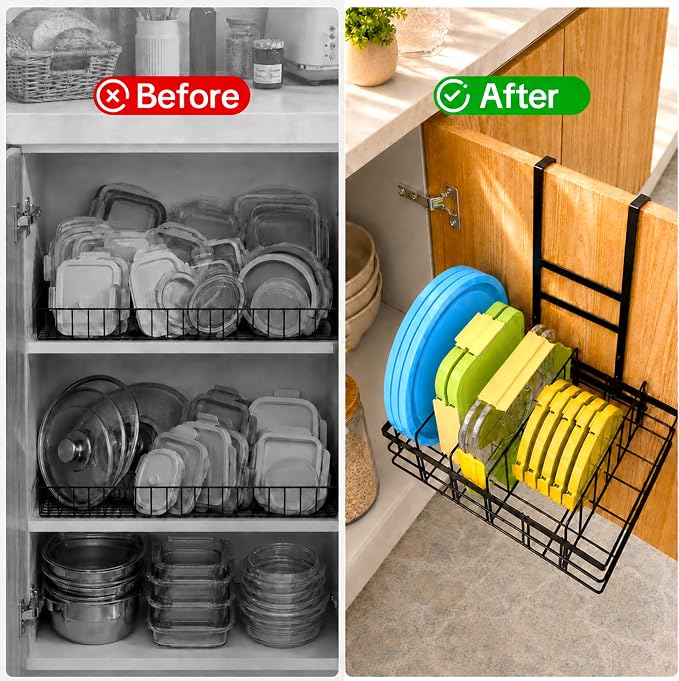 Metal Lid Organizers Inside Cabinet with Adjustable Dividers | Hanging Food Container Lids Holder, 4 Adjustable Dividers & 5 Sections, Matte Black Finish, Sturdy Metal, Kitchen Storage