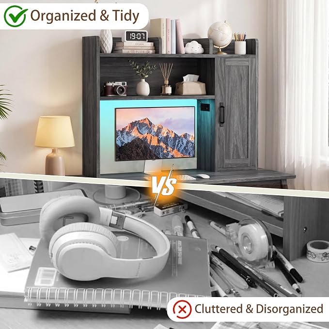 Dorm Desk Hutch, Desktop Shelf with 6 Shelves and Power Outlets 37.4" Desk Hutch with Drawers & RGB LED Light Over Desk Organizer Desktop Storage Shelf for Dorm Office Home Computer Desk-Grey