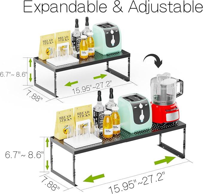 Jojocross Adjustable Stackable Metal Storage Shelf Organizer - Expandable Wire Rack with Perforations for Kitchen, Pantry, Bathroom, Cabinet & Office-Compact, Durable & Sturdy (3PACKS/Medium/Black)