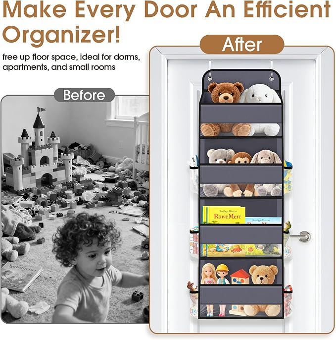 WISELIFE Over The Door Organizer Storage with 4 Large Pockets Door Hanging Organizer with Clear Windows behind The Door Storage for Nursery Bedroom Bathroom Pantry Closet and Baby Essentials Dark Grey