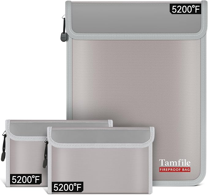 Tamfile Fireproof Document Bag with 2 Pack Fireproof Organizer Travel Bag | 5200℉, Heat-Resistant, Water-Resistant, 8 Layers Safe Money Bag, Storage for Important Documents, Cash, Valuables, Grey