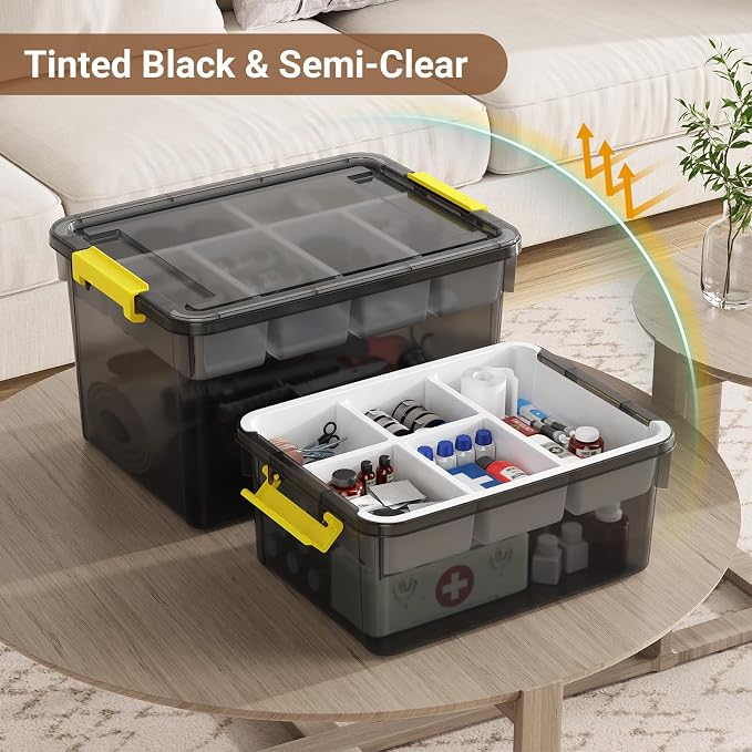 80Qt Stackable Storage Bins with Lids & Trays, Clear Plastic Latching Boxes Organizers with Dividers Portable Containers for Arts & Crafts, Home & Car Trunk Organization,Clear Grey,4Pack