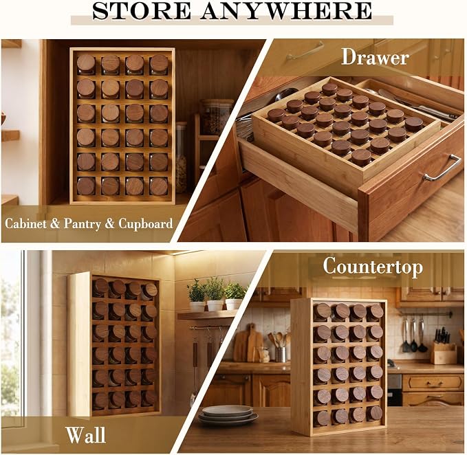 Novabright 24 Grids Bamboo Spice Rack Organizer, Wooden Spice Rack Wall Mount with Square Compartments, Wood Hanging Shelf for 4 oz Glass Jar Drawer Cabinet Kitchen Countertop Wall, Jars Not Included