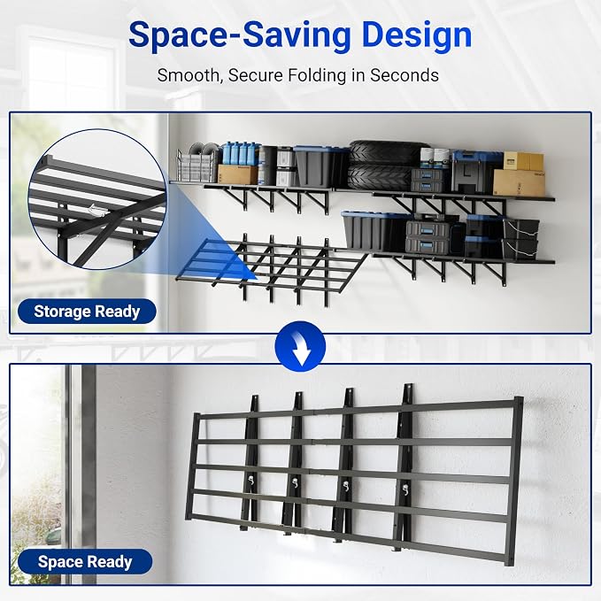 FLEXIMOUNTS Fold-Down 2x6ft Garage Wall Shelving, 4-Pack Heavy Duty Folding Garage Shelving Wall Mounted, 1800 lbs Capacity, Storage for Power Tools, Garden Supplies & Seasonal Storage, Lite Series