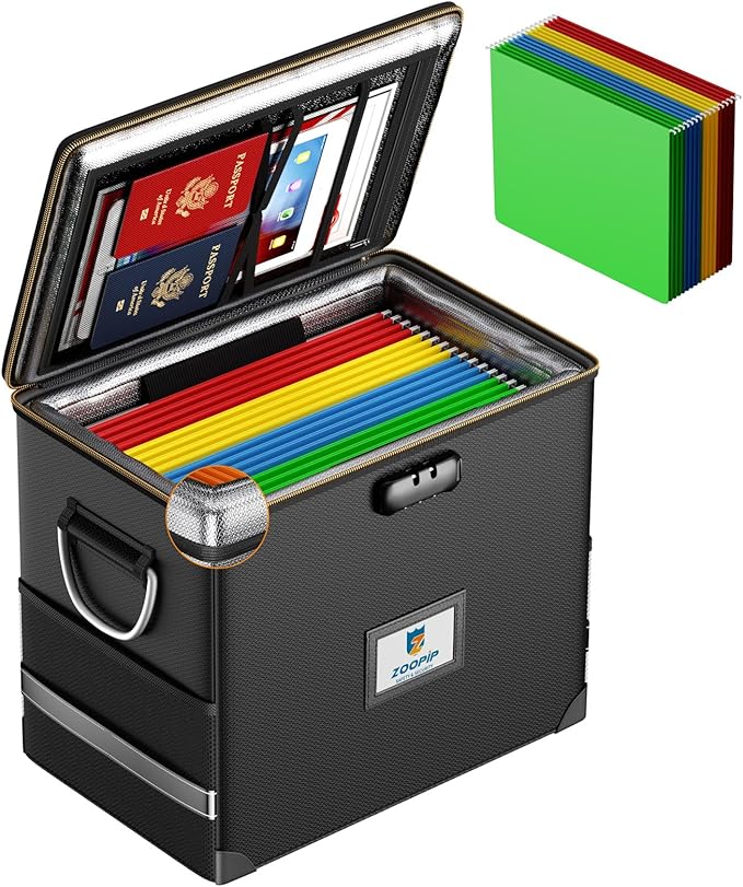 File Organizer with Lock,Fireproof Document Box,Hard Safe Box Includes 10 Hanging File Folders for Letter Size,Filing Cabinet with Fireproof Zipper,0.58 Cubic Feet