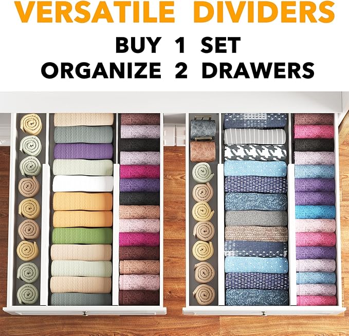 SpaceAid Bamboo 4 Pack Dresser Drawer Dividers, 4.65“ High Adjustable 17“-22” Drawer Organizers, Expandable Organization for Clothing, Clothes, Dressers, White