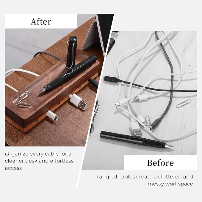 Magnetic Cord Holder with 6 Slots - Walnut & Beech Wood Cable Organizer for Lightning, USB, USB-C, Stick-on Design for Desk, Under Desk, Nightstand