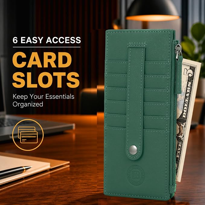 Leatherboss Genuine Leather Women's All in One Credit Business Card Case Holder Slim Zipper Wallet With a Card Protection Strap, Forest Green