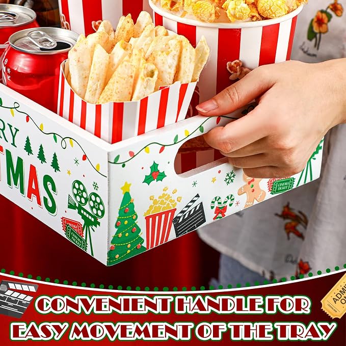 Movie Night Supplies Snack Trays with Handles Reusable Wooden Movie Gift Basket for Theater Popcorn Bucket Bowl Box Container Family Room Decor(Christmas Style 2)