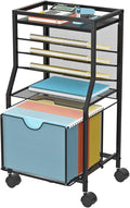 BOHDK Rolling File Cart, 6-Tier Desk File Organizer on Lockable Wheels, Black Wood Planks & Mesh Sliding Hanging Folder Drawer, Organization Cart for Office Home School