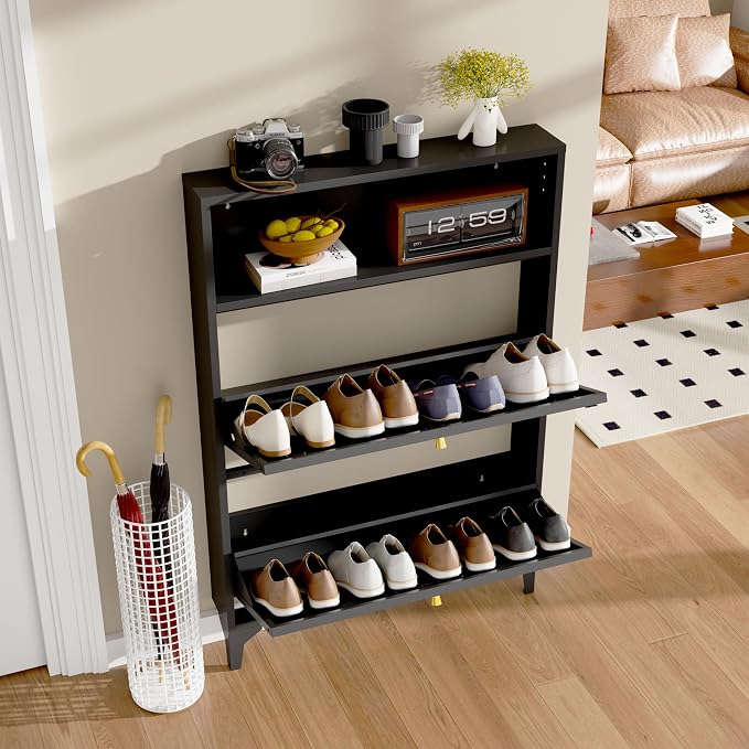 Shoe Cabinet with 2 Flip Drawers and Open Top Space-Metal Narrow Shoe Rack for Entryway,Hallway,Living Room-Hidden Metal Shoe Cabinet-Freestanding Shoe (2 Door, Black)