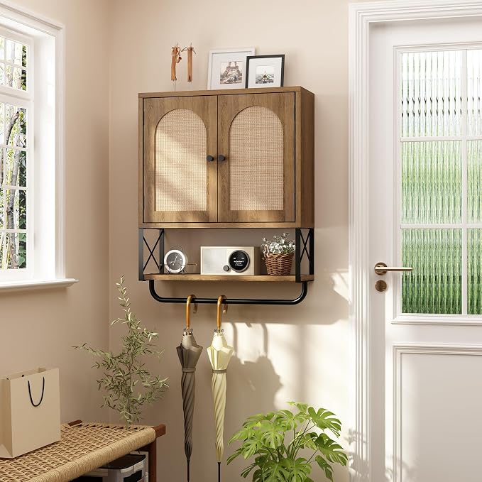 RUSTOWN Rattan Bathroom Wall Cabinet, Boho Over The Toilet Storage Cabinet | Arched Rattan Doors, Modern Medicine Cabinet, Adjustable Shelves, Towel Bar, Rustic Oak