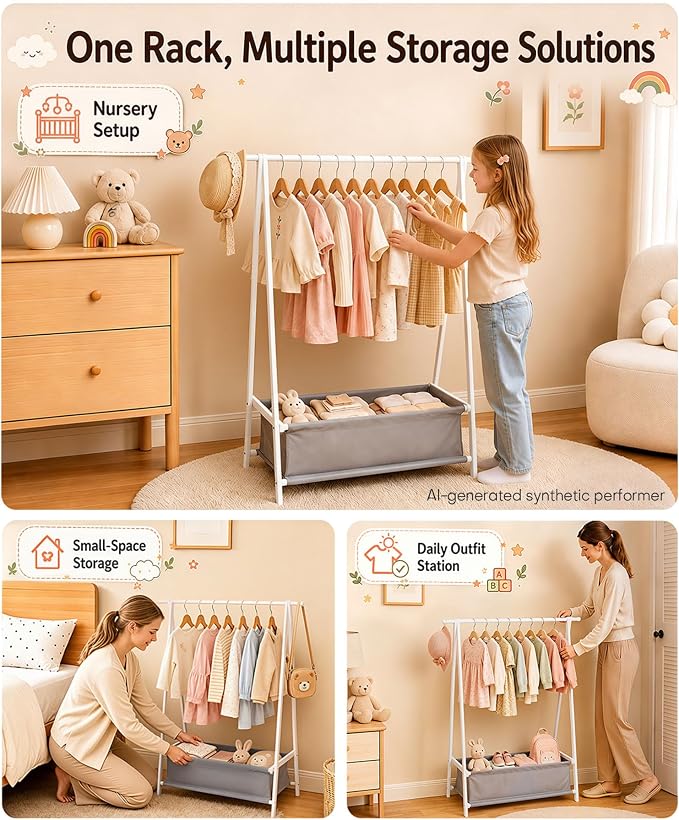 Homde Sturdy Kids Clothes Rack: 66 lb Capacity for Growing Wardrobe Needs | Hanging Rod Holds Clothes, Basket Stores Items Below - Helps Kids Build Tidy Habits - Angled Bamboo Side Frames Add Stability