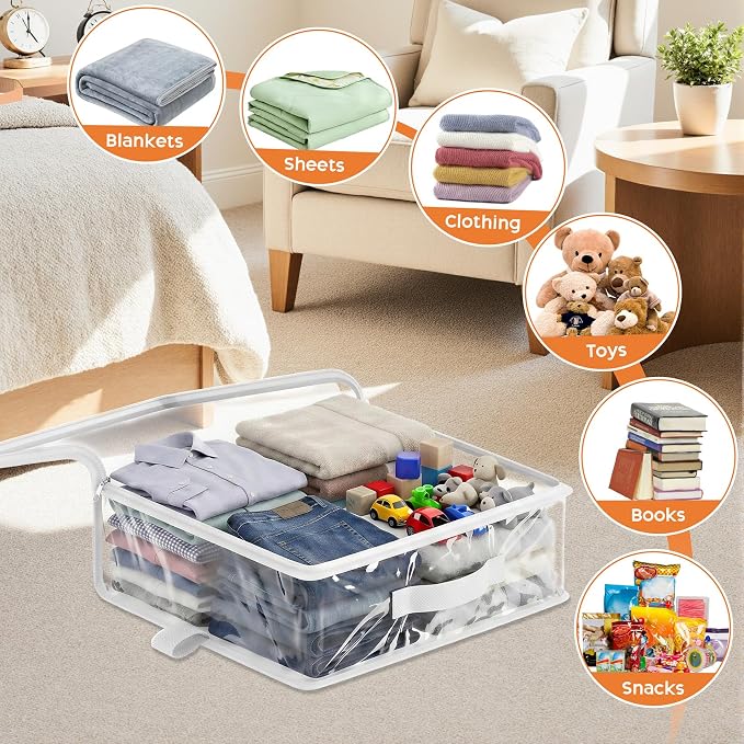 10 Pack Clear Storage Bags with Zipper Handle, Sheet Organizers and Storage | PVC Blanket Storage Bags, Foldable Under Bed Organizer for Baby Clothes Shoes Sweater Toy Bedding Sheet, 15.7x13.8x3.9’’