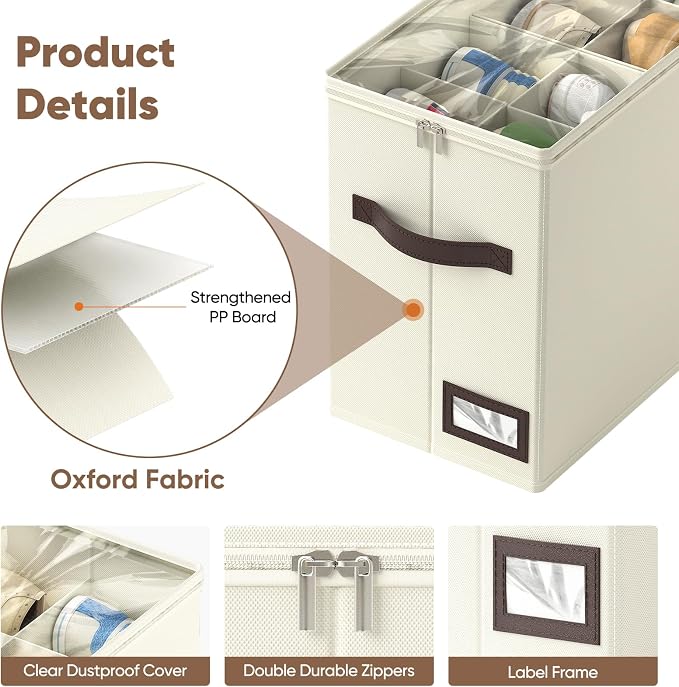 OIAHOMY 2 Pack Shoe Organizer for Closet, Foldable Shoe Storage Bins with Adjustable Dividers, Stackable Oxford Cloth Sneaker Boxes for Entryway Bedroom, Fits Up to 16 Pairs, Beige