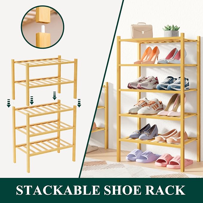 Smiry Bamboo Shoe Rack for Closet, 2 Tier Long Wooden Shoe Organizer, Stackable Wood Shoe Storage Shelf for Entryway, 14 Vertical Slats, One-piece Heavy-Duty Legs, 33.86"x11.02"x12.99", Natural