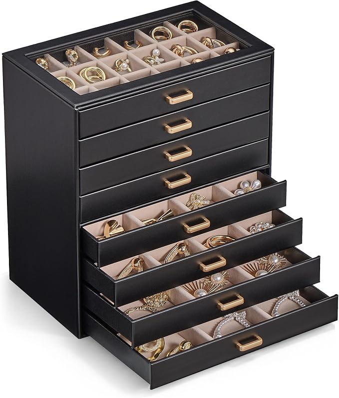 Lolalet Earring Organizer, Jewelry Box with Clear Lid -Black, 8 Layer | PU Leather, Velvet, Removable Dividers, Dustproof, Easy Clean, For Studs Rings, Gift for Women Girls, Home Aesthetic Decor