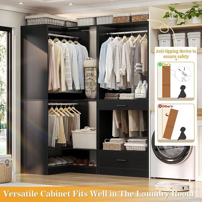 Homieasy Corner Closet System Modular with Upper & Lower Hanging Areas and Shoe Shelf, Corner Wardrobe Organizer, Easy Assembly, Anti-Tip Design, Perfect for Bedroom or Walk-In Closet, Black1