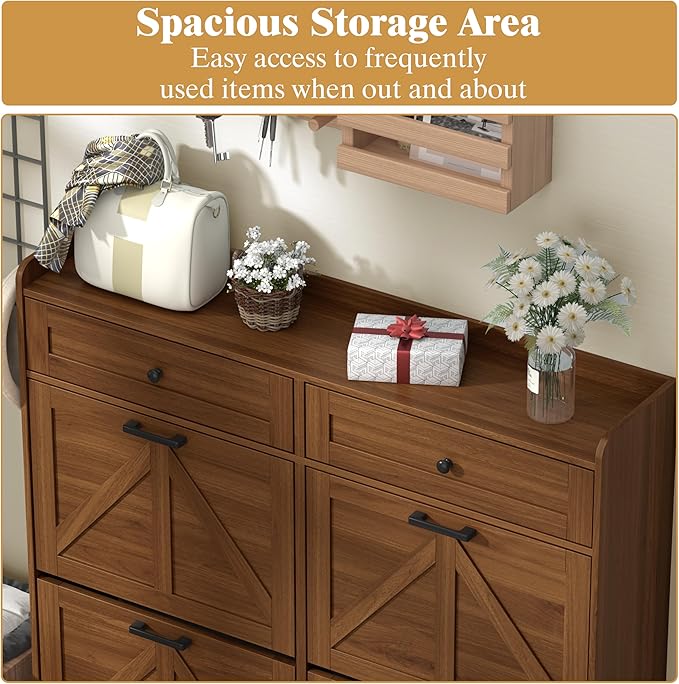 Thacuok Shoe Cabinet with 4 Flip Drawers & 2 Storage Drawers, Rustic Farmhouse Narrow Shoe Organizer Cabinet, Slim Shoe Rack Cabinet, Shoe Storage Cabinet for Entryway, Hallway, Front Door