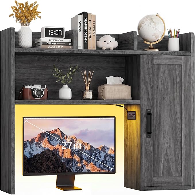 Dorm Desk Hutch, Desktop Shelf with 6 Shelves and Power Outlets 37.4" Desk Hutch with Drawers & RGB LED Light Over Desk Organizer Desktop Storage Shelf for Dorm Office Home Computer Desk-Grey
