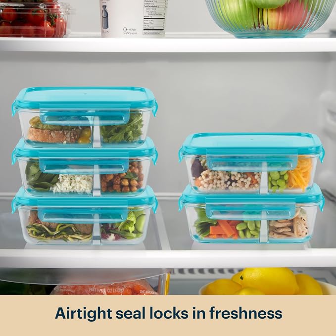 Pyrex Glass Meal Box (5-Pack, 4 Cup) Divided Compartments, Locking Lids | For meal prepping and portioning, BPA-Free, microwave & dishwasher safe