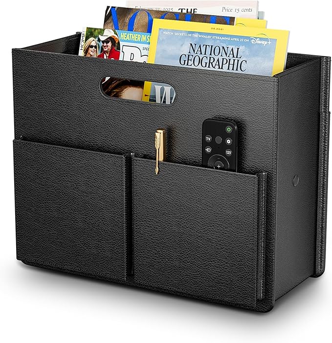 ABC life Magazine Holder, Stable Magazine Rack Floor, Black | Foldable PU Leather Newspaper Book Storage Basket Box, Upgraded Magazine Free Standing, for Living Room Home Office