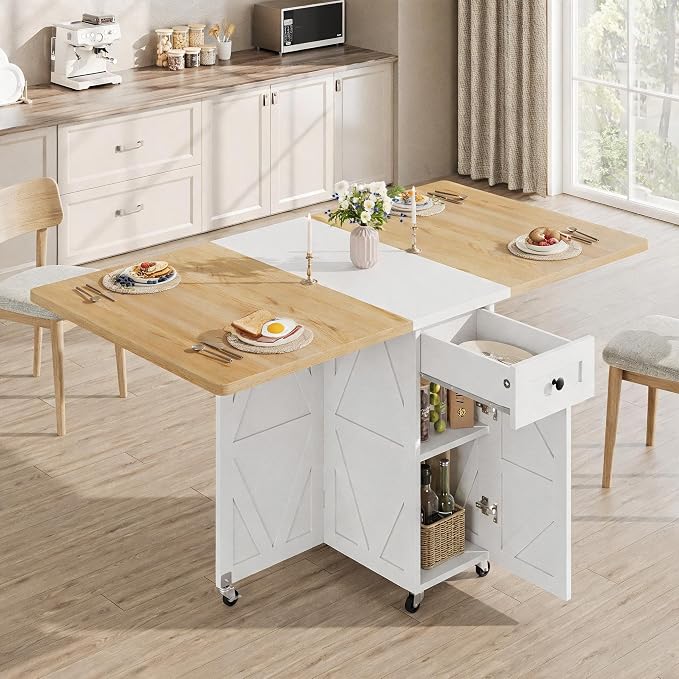 Jocoevol Folding Dining Table for Small Spaces, Foldable Kitchen Table with Drawer, 2-Tier Storage Shelf & Wheels, Space Saving Dining Table for 2 4, Farmhouse, Natural