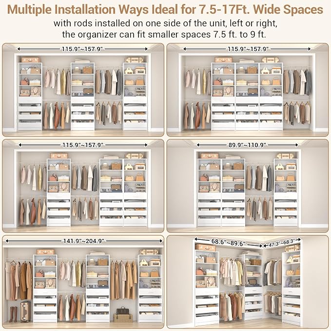 Aheaplus Closet System with 12 Drawers, 8.5-11.5Ft Wood Closet Organizer System with 4 Hanging Rods & 3 Towers, 4Ft & 6Ft L-Shaped Walk-in Closets Wardrobe Organizer Clothes Rack, Set of 3, White