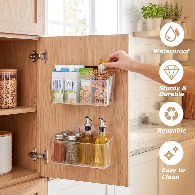 7 Pack Cabinet Door Organizer Adhesive Wall Mount Storage Bins Makeup Containers Stackable Organizer Basket for Kitchen Cabinets, Bathroom, Pantry, Office, Refrigerator (Frosted Clear)