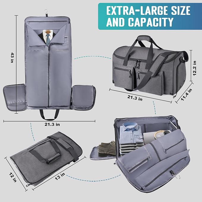 HILOMON Convertible Duffle Bags for Travel Carry On Suit Duffle Bags with Shoulder Strap 2 in 1 Hanging Garment Duffle Bag for Men Women (Gray Mesh Storage)