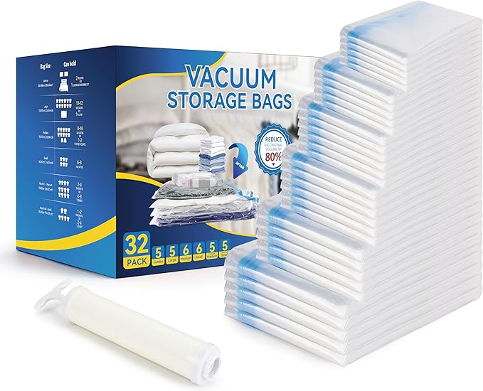 Simple Deluxe 32 Pack Compression Storage Bags, Vacuum Storage Bags, Space Saver Bags for Comforters, Blankets, Pillows and Clothes Storage, Hand Pump Included (5 Jumbo/5 L/6 M/6 S/5 Roll M/5 Roll S)