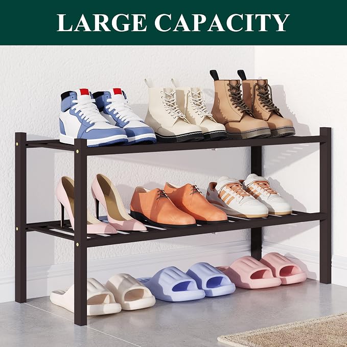 Smiry Bamboo Shoe Rack for Closet, 2 Tier Wooden Shoe Organizer, Stackable Wood Shoe Storage Shelf for Entryway, 14 Vertical Slats, One-piece Heavy-Duty Legs, 26.77"x11.02"x12.99", Brown