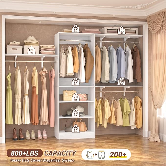 8FT Closet System with 3 Wooden Storage Shelves, 96'' Closet Organizer System with 3 Hanging Rods, Wall Mount Bedroom Wardrobe Walk-in Closet, Adjustable Garment Rack from 5 to 8FT (Cut to Fit), White