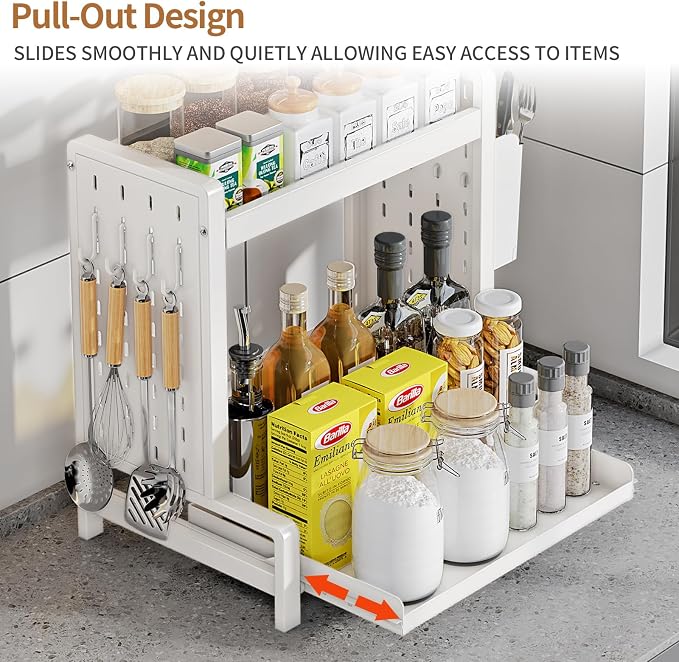 Spice Rack with Pull Out Drawer Counter Storage Organizer Metal 2-Tier | Rust-Resistant Holds 20 lbs Saves 50% Counter Space with Hooks & Hanging Basket for Kitchen Coffee Bar Bathroom Apartment