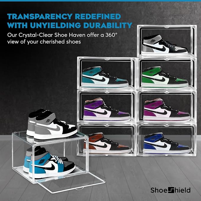 Ultra All Clear Shoe Boxes Plastic Stackable Professional Grade Shoe Display Case with Magnetic Side Drop Door Open Easy Assembly Modern Shoe Sneaker Display Case Fits US Size 14