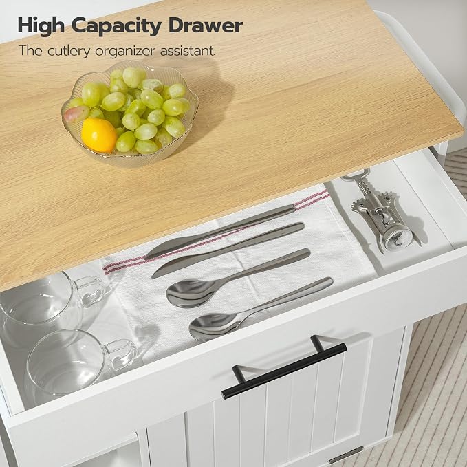 HOOBRO Kitchen Island with Trash Can Storage, Rolling Kitchen Island on Wheels, Kitchen Storage Island with Power Outlet, Mobile Islands Table for 10 Gallon Garbage Bin, Natural and White WN80UZD01G1
