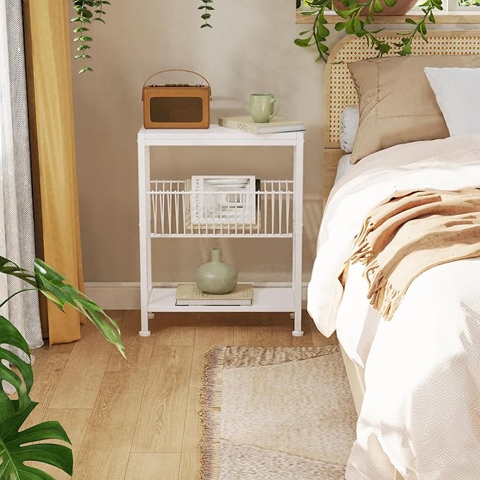 Side Table for Small Spaces, Set of 2 Narrow End Table with Magazine Holder, 2 in 1 Design Slim Side Table, Skinny Nightstand for Living Room Bedroom, Thin Side Magazine Table, White